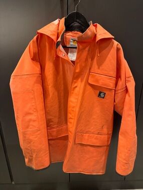 Carhartt Orange Hooded Work Rain Jacket